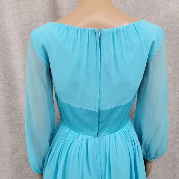 Vintage 60s Bright Blue Fairycore Midi Dress Corset Bodice Long Sleeves Chiffon - Picture 9 of 13